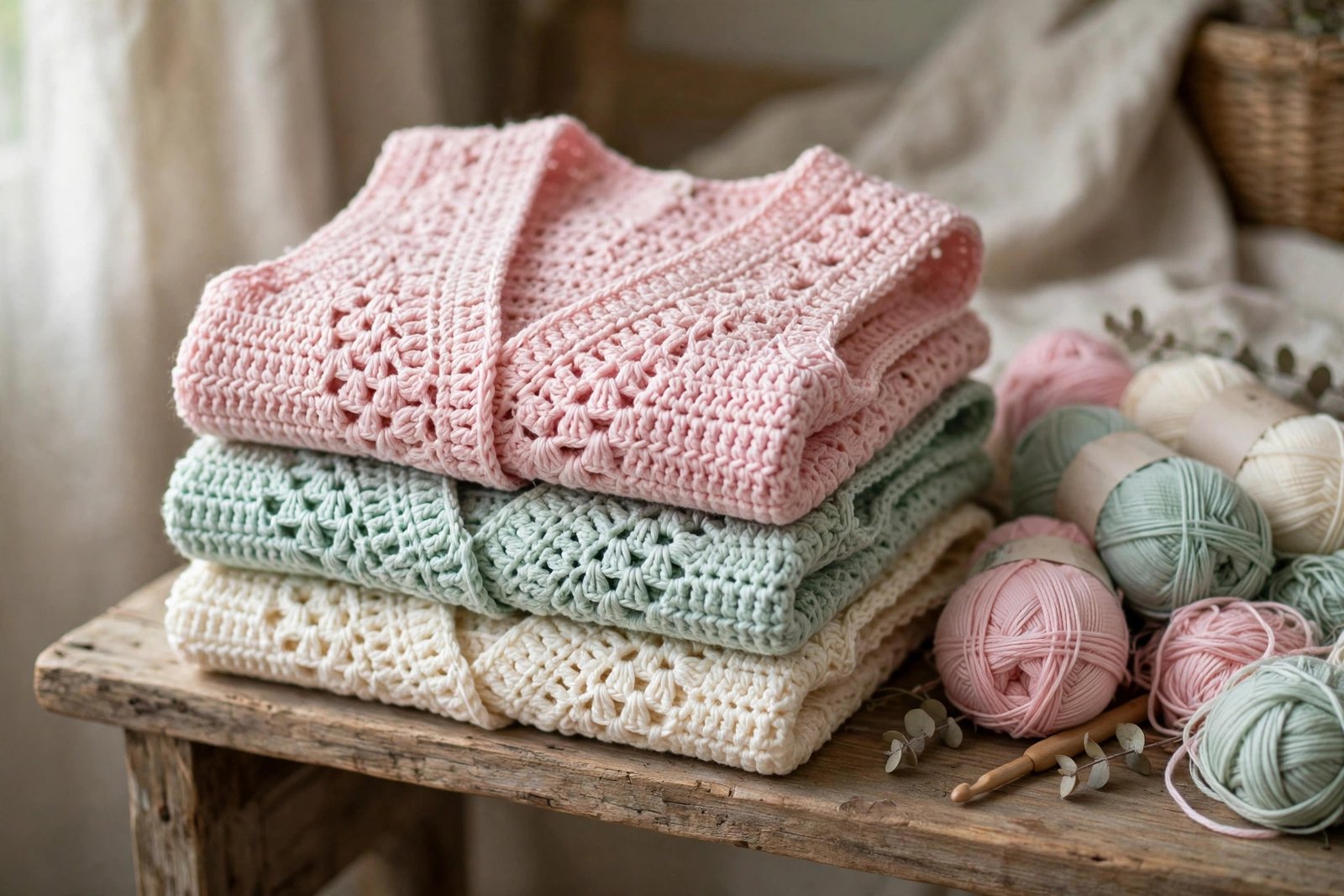 Folded pastel crochet vests in pink, mint and cream on a wooden shelf
