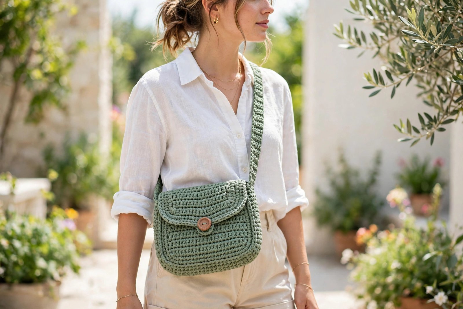 Sage green crochet crossbody bag with wooden button closure