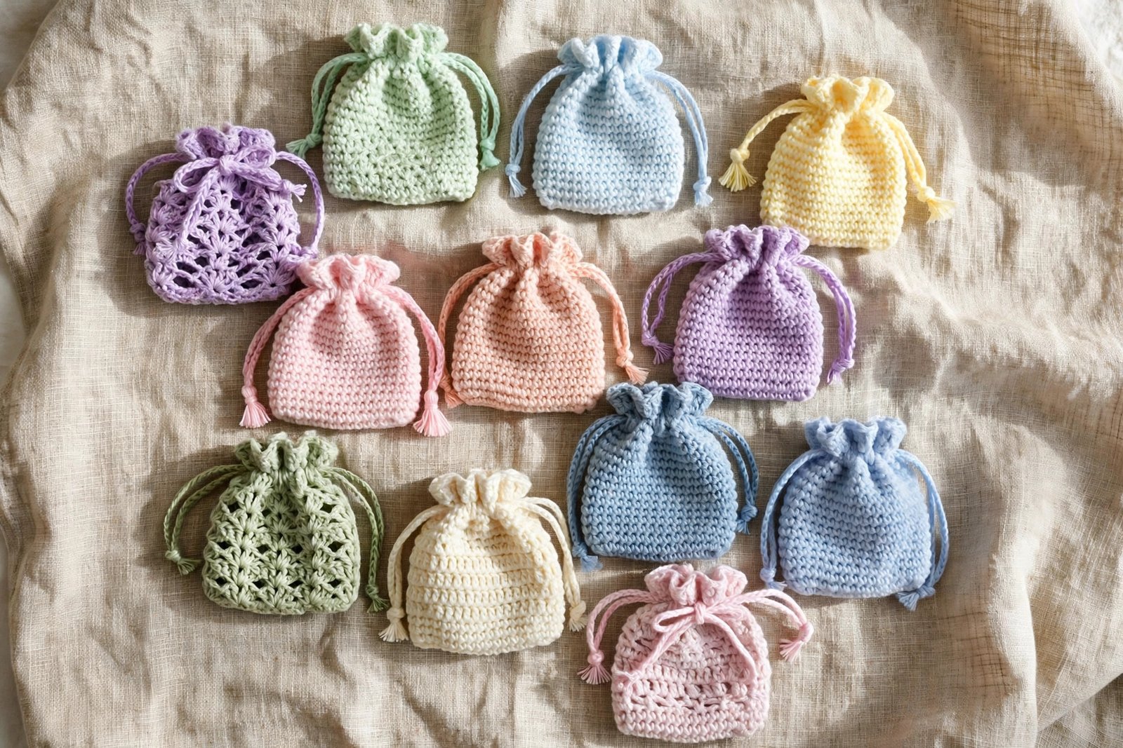 Pastel crochet pouches and drawstring bags arranged on linen cloth