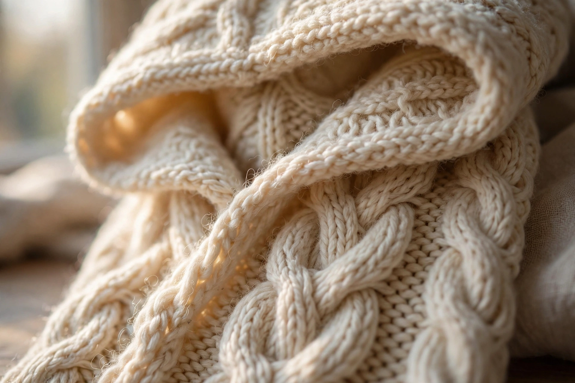 Close-up of cable stitch texture on a cream knit hood scarf