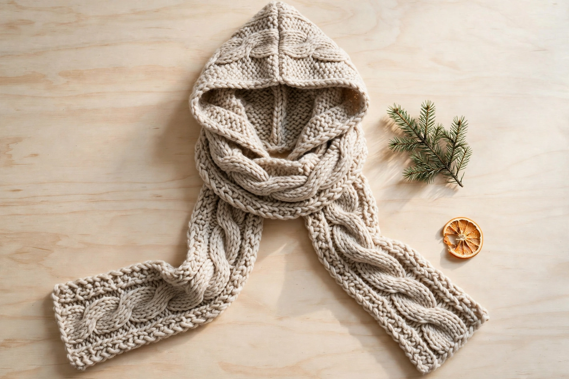 Knit hood scarf draped in a flat lay showing the hood and scarf ends