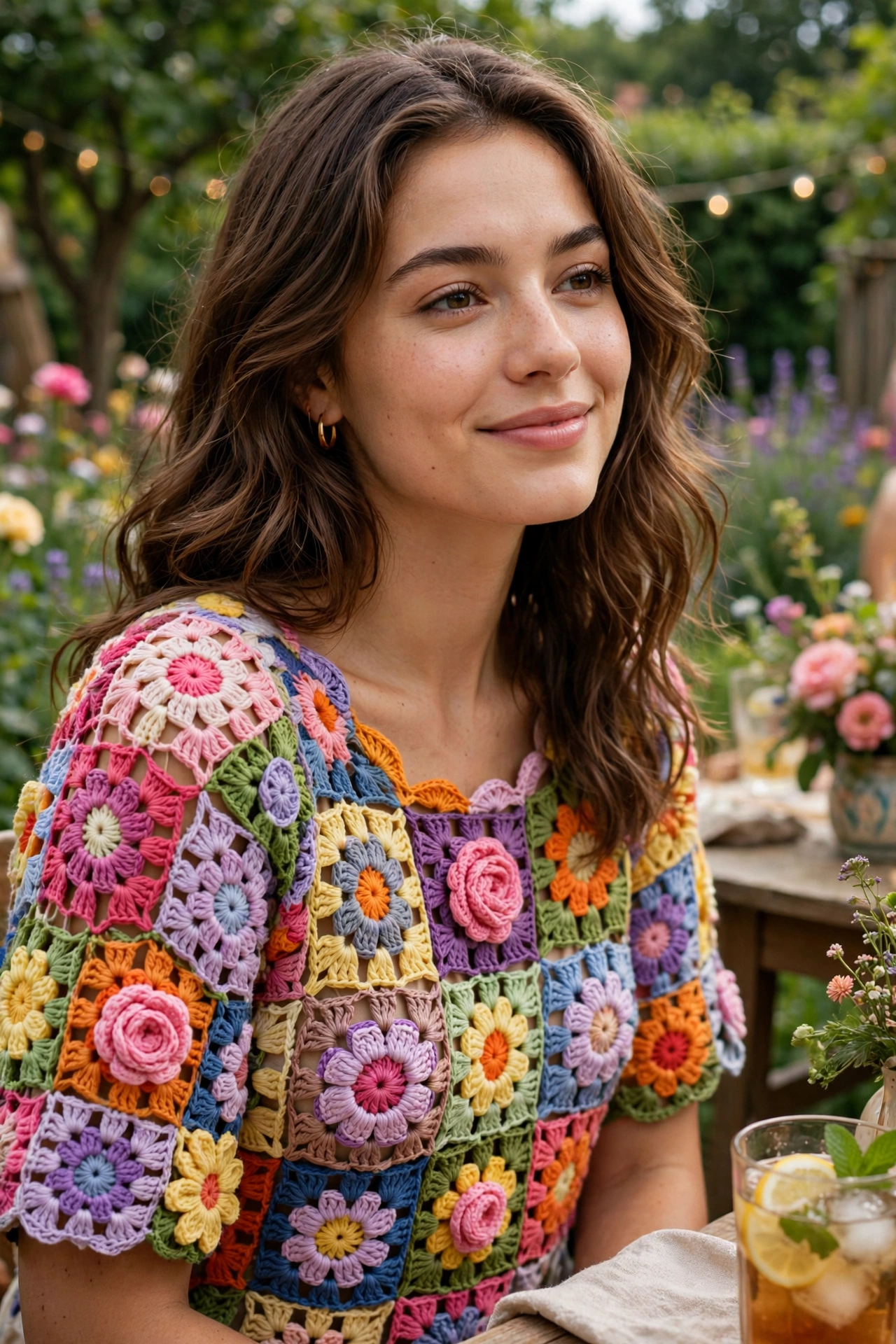 Woman wearing a colorful flowery crochet top at a summer garden party