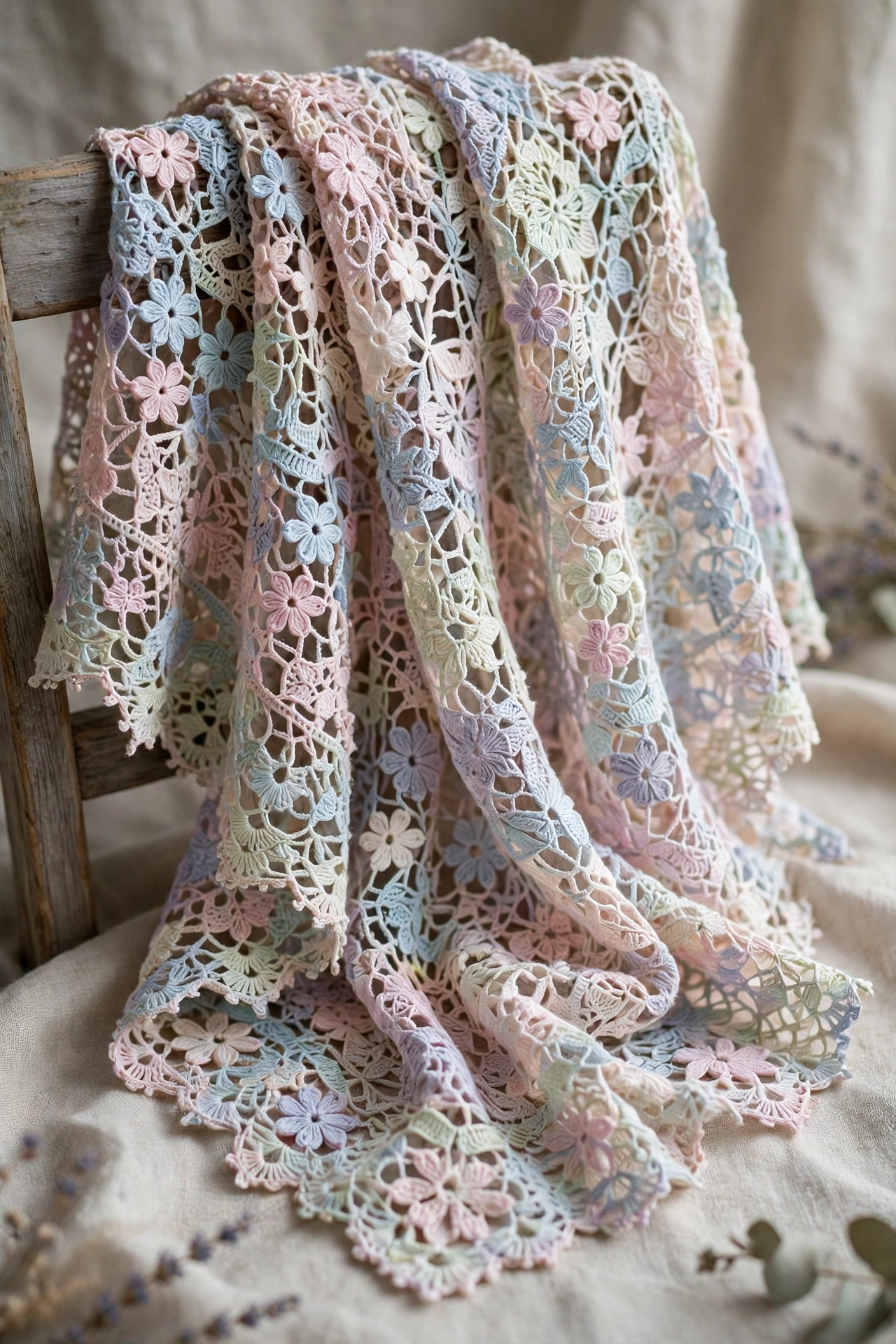 Beautiful crochet floral lace shawl with delicate flower patterns