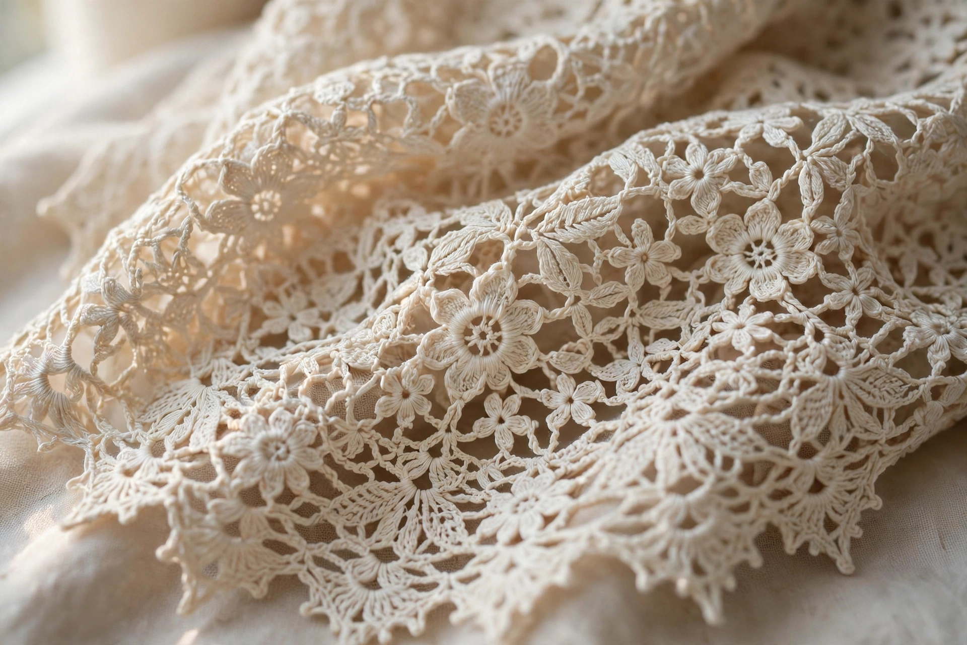 Close-up of a delicate crochet floral lace shawl pattern