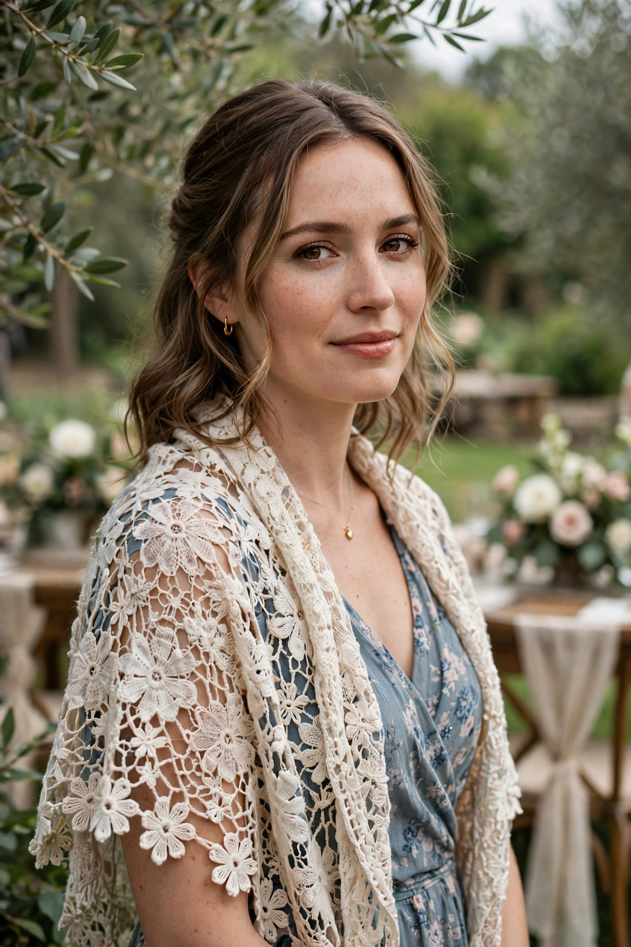 Woman wearing a floral lace crochet shawl at an outdoor wedding