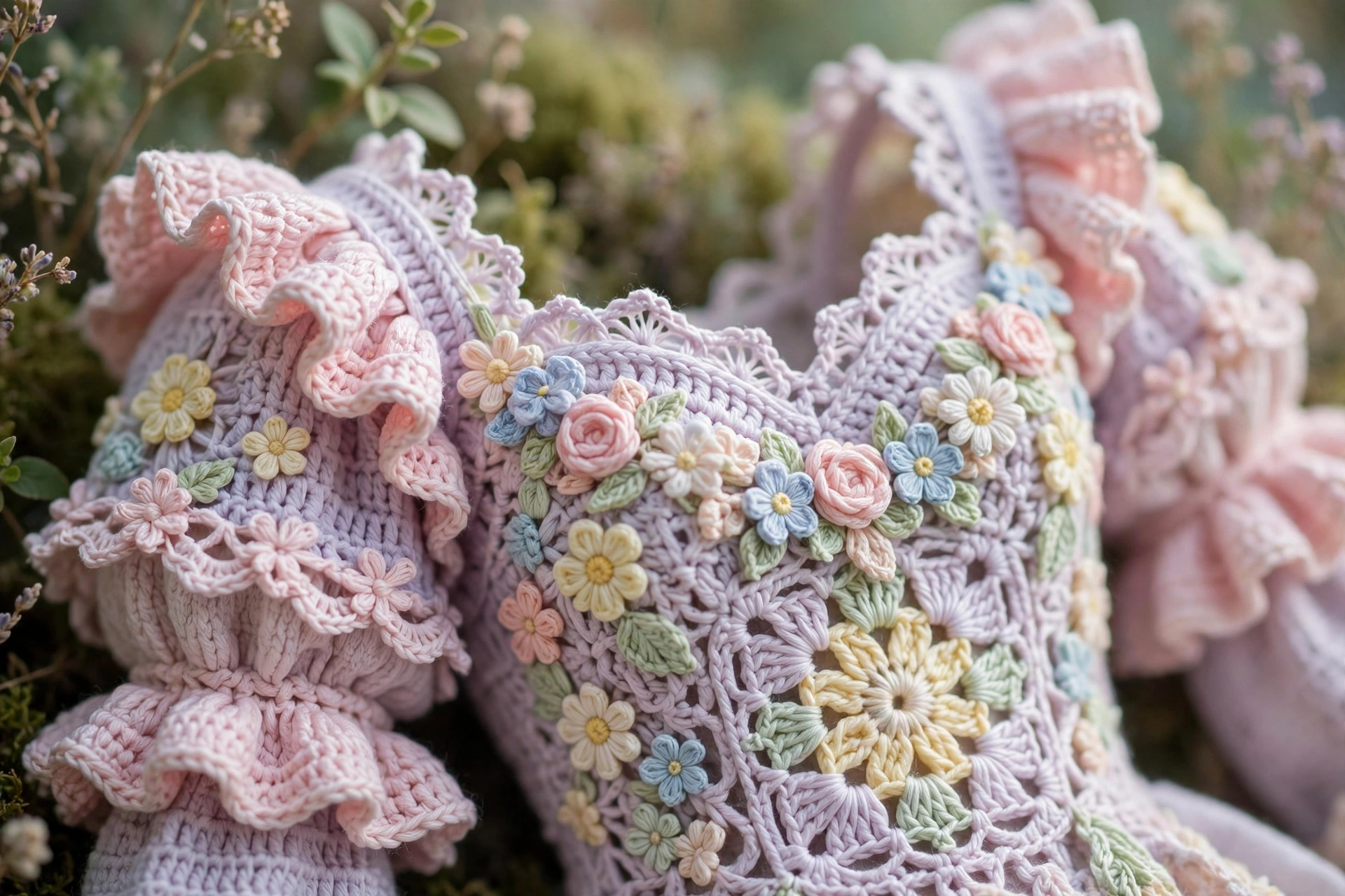 Close-up of a crochet fairy top with ruffled sleeves and floral details