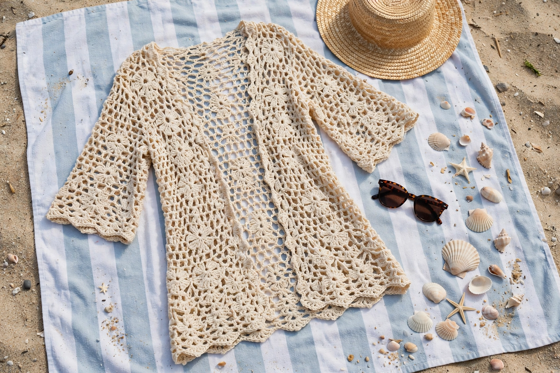 Crochet beach cover-up dress on a beach towel with summer accessories