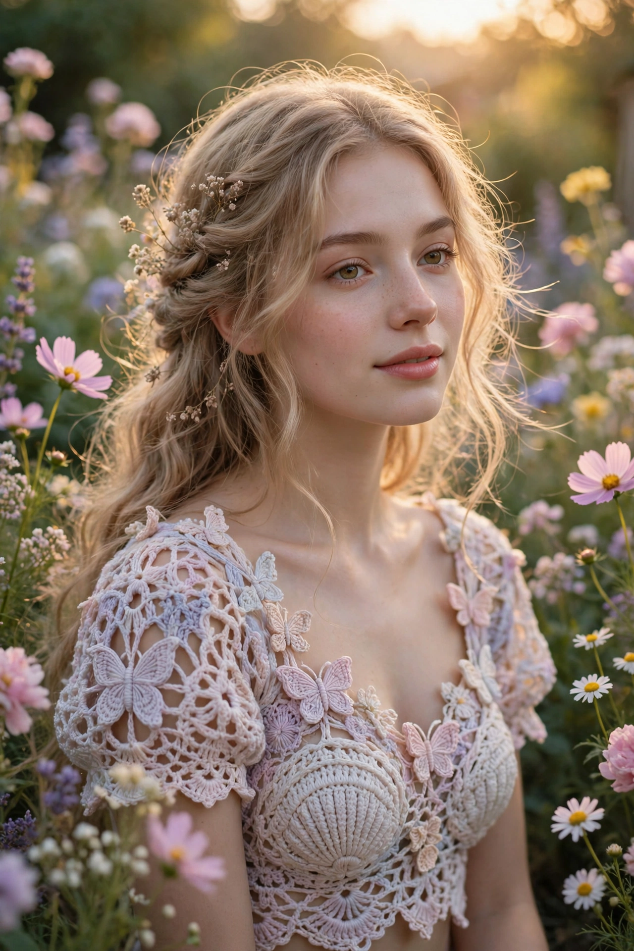 Young woman wearing a dreamy crochet fairy top in a flower garden