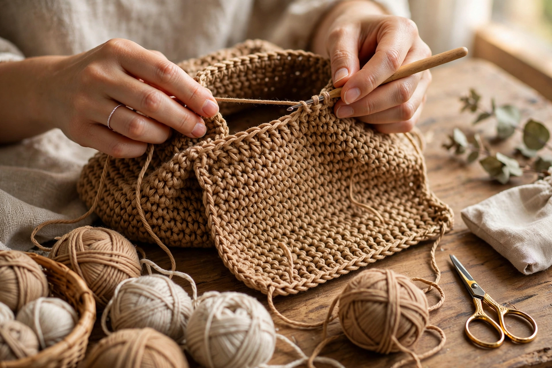 Hands crocheting a stylish handbag with tan cotton yarn