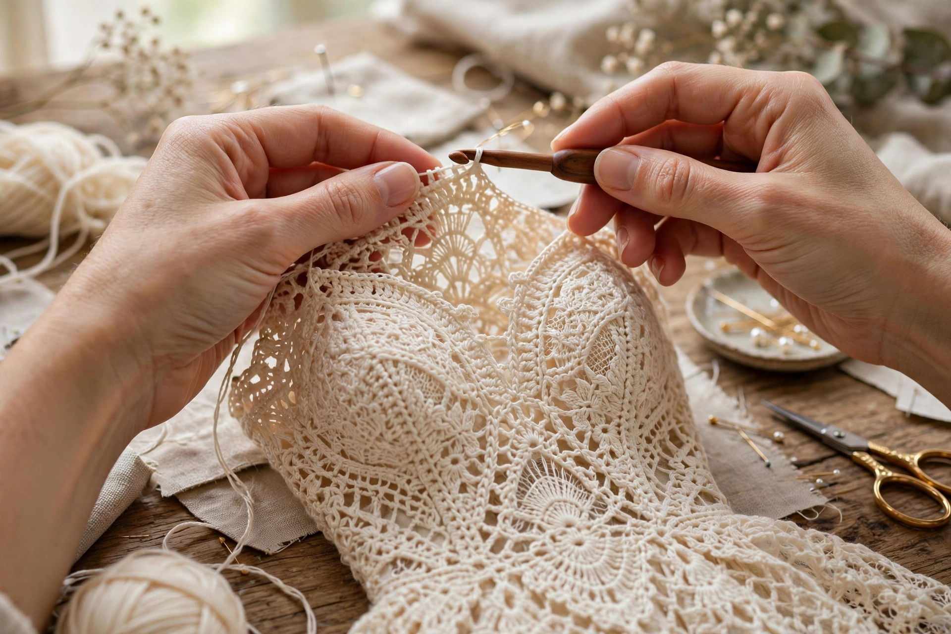 Hands crocheting a lace bridesmaid dress bodice with cream yarn showing detailed stitch work