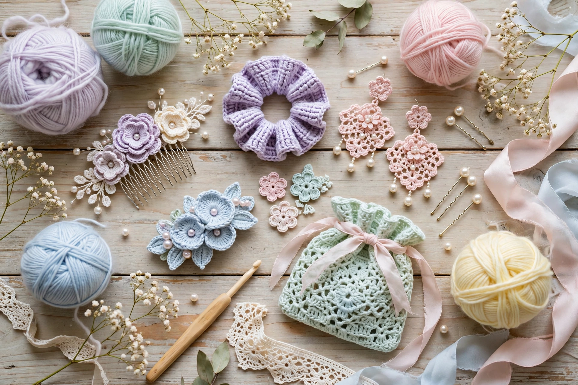 Flat lay of crochet bridesmaid dress accessories and pastel yarn balls on a wooden table