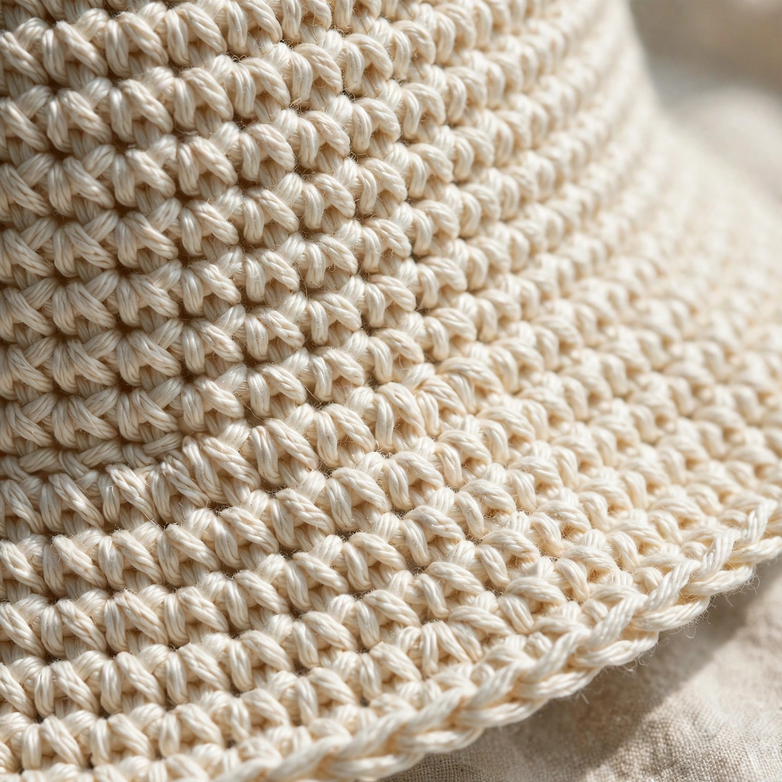 Close-up of crochet bucket hat texture in cream cotton yarn showing visible stitches