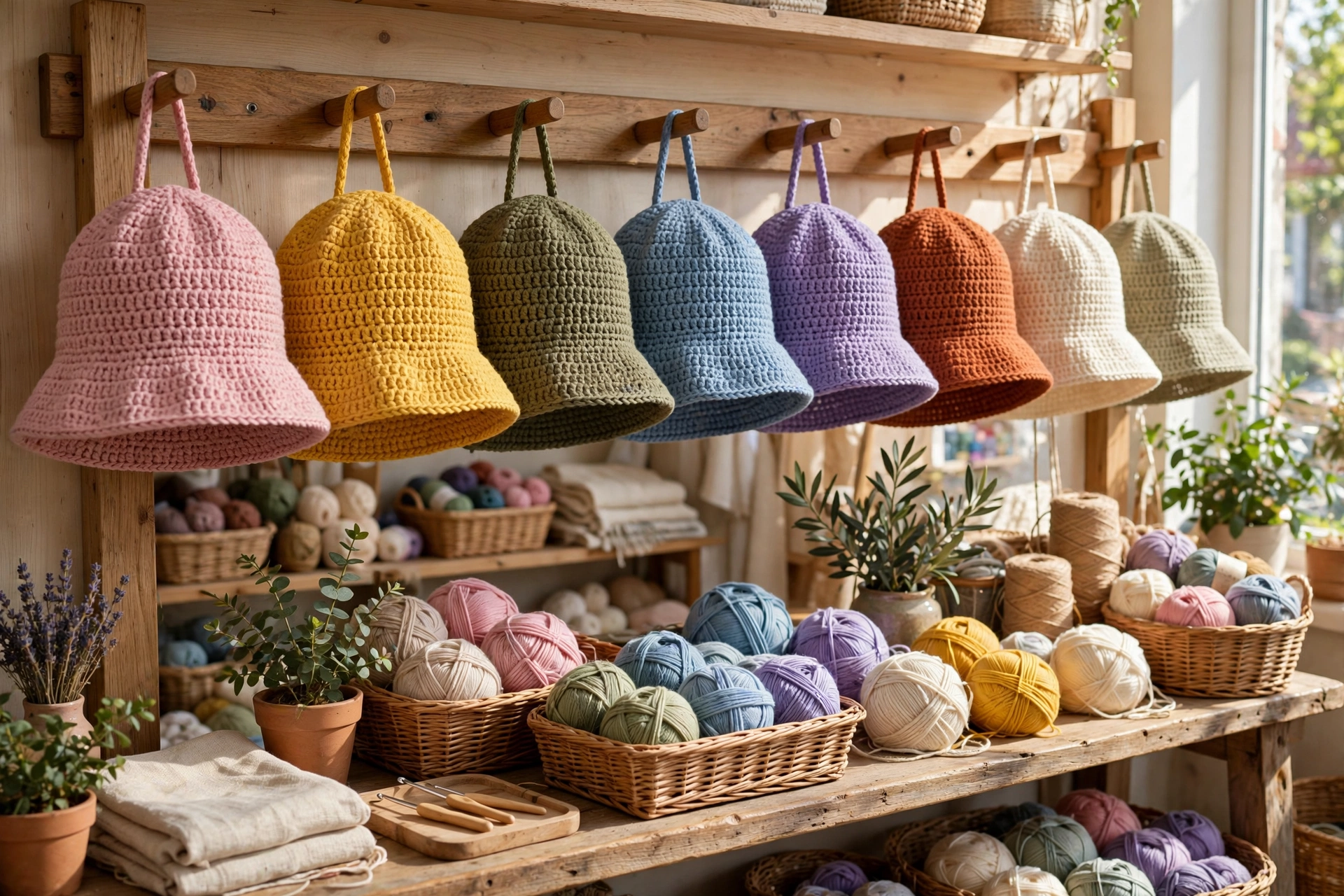 Collection of colorful crochet bucket hats hanging on a wooden rack in a craft shop