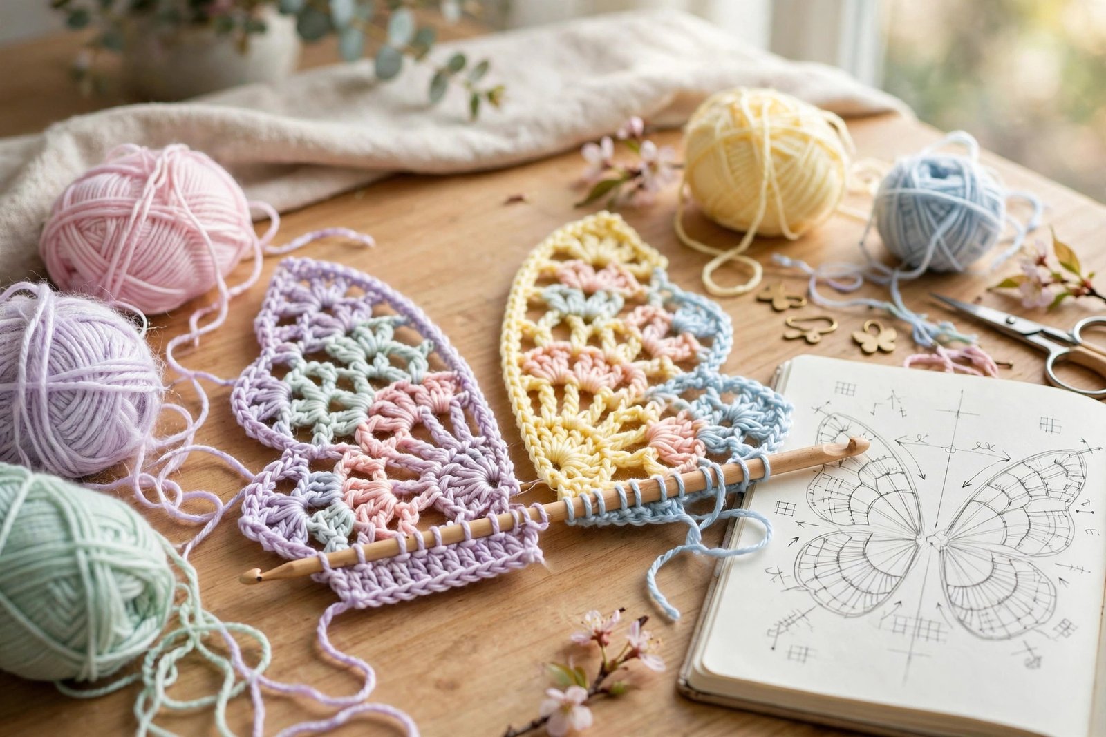 Flat lay of crochet butterfly tops in spring colors on a rustic wooden table