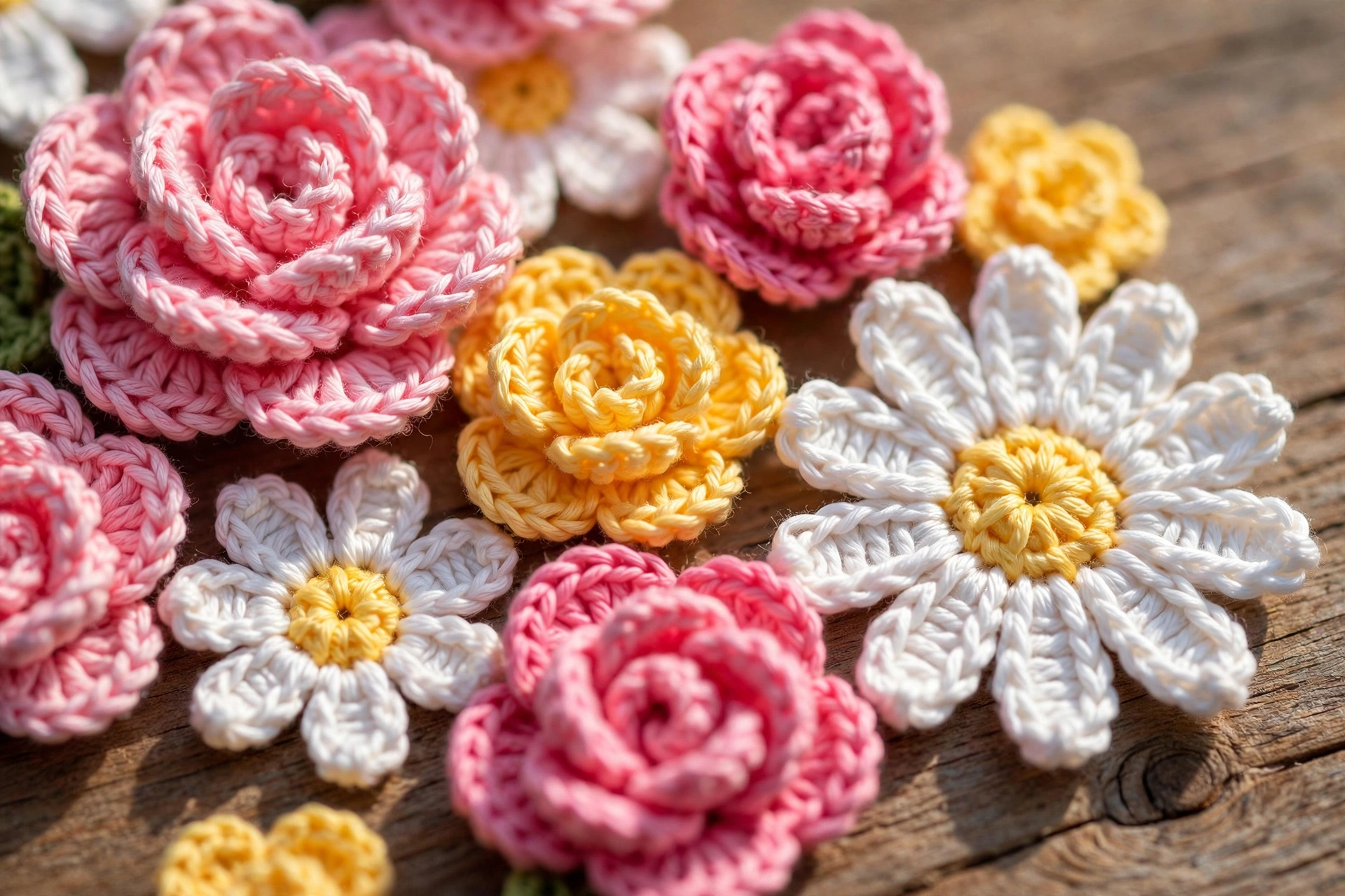 Colorful crochet flower motifs in pink, yellow and white yarn