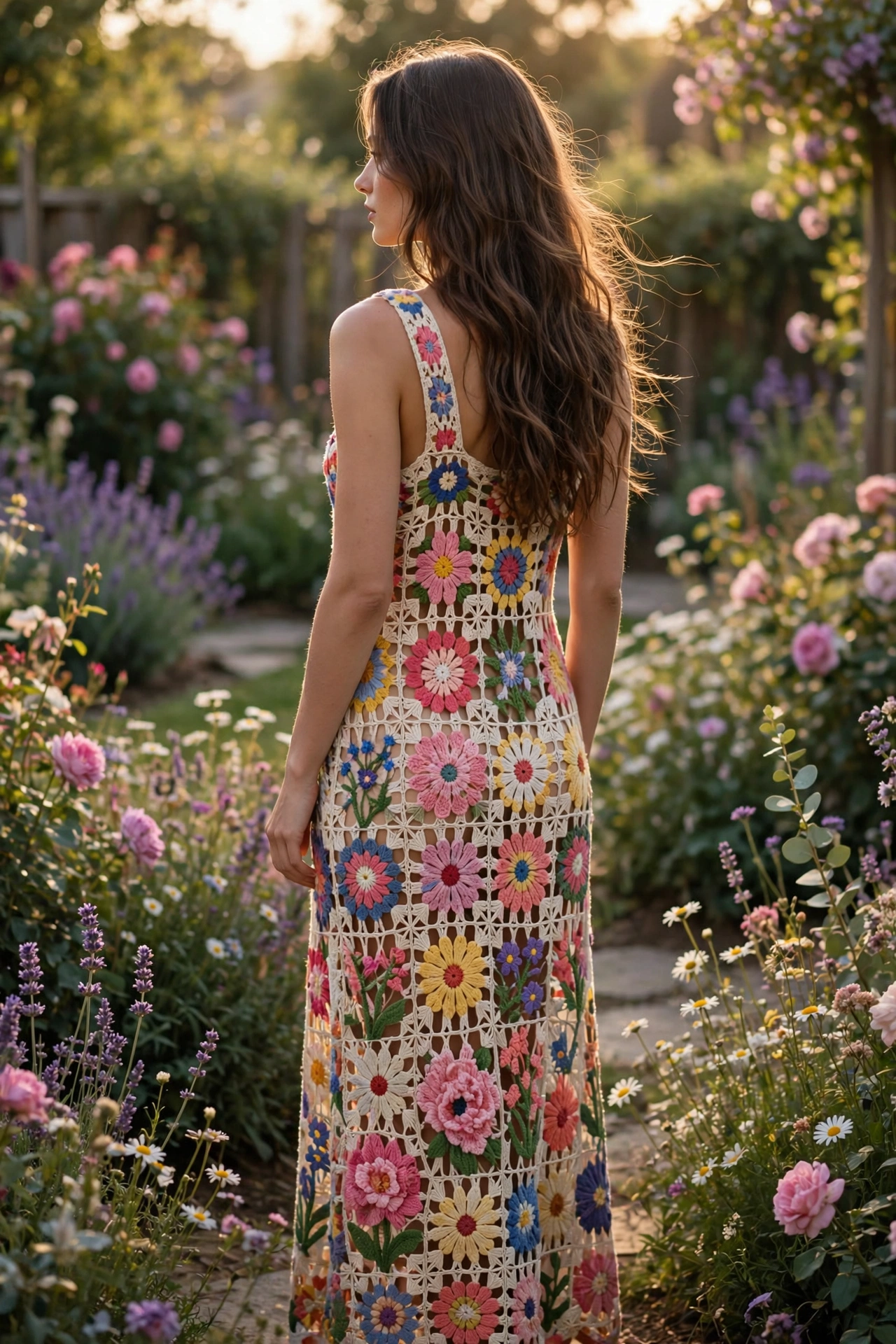 Woman wearing a floral crochet maxi dress in a garden