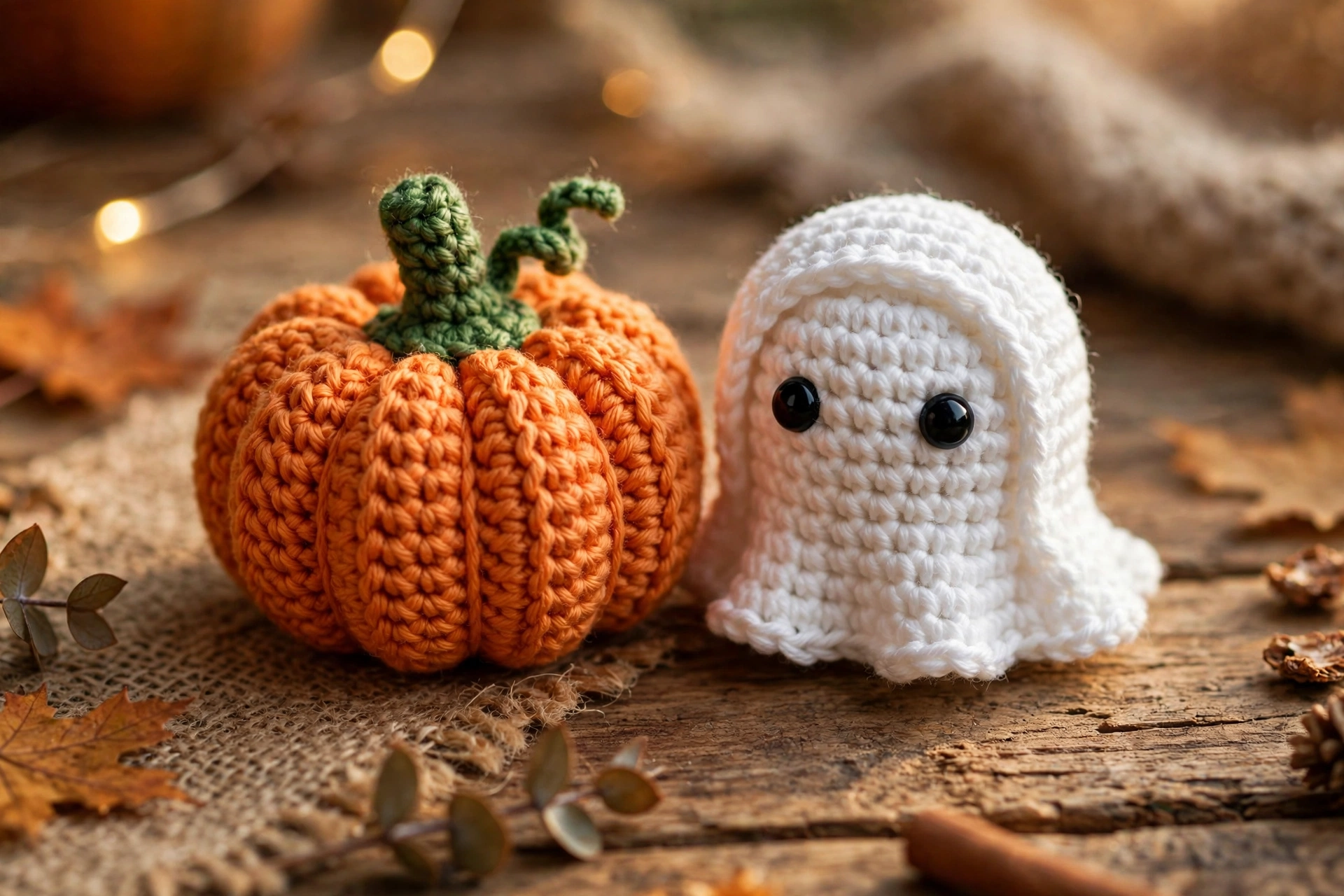 Close-up of a small crochet pumpkin and ghost amigurumi with safety eyes on a wooden table