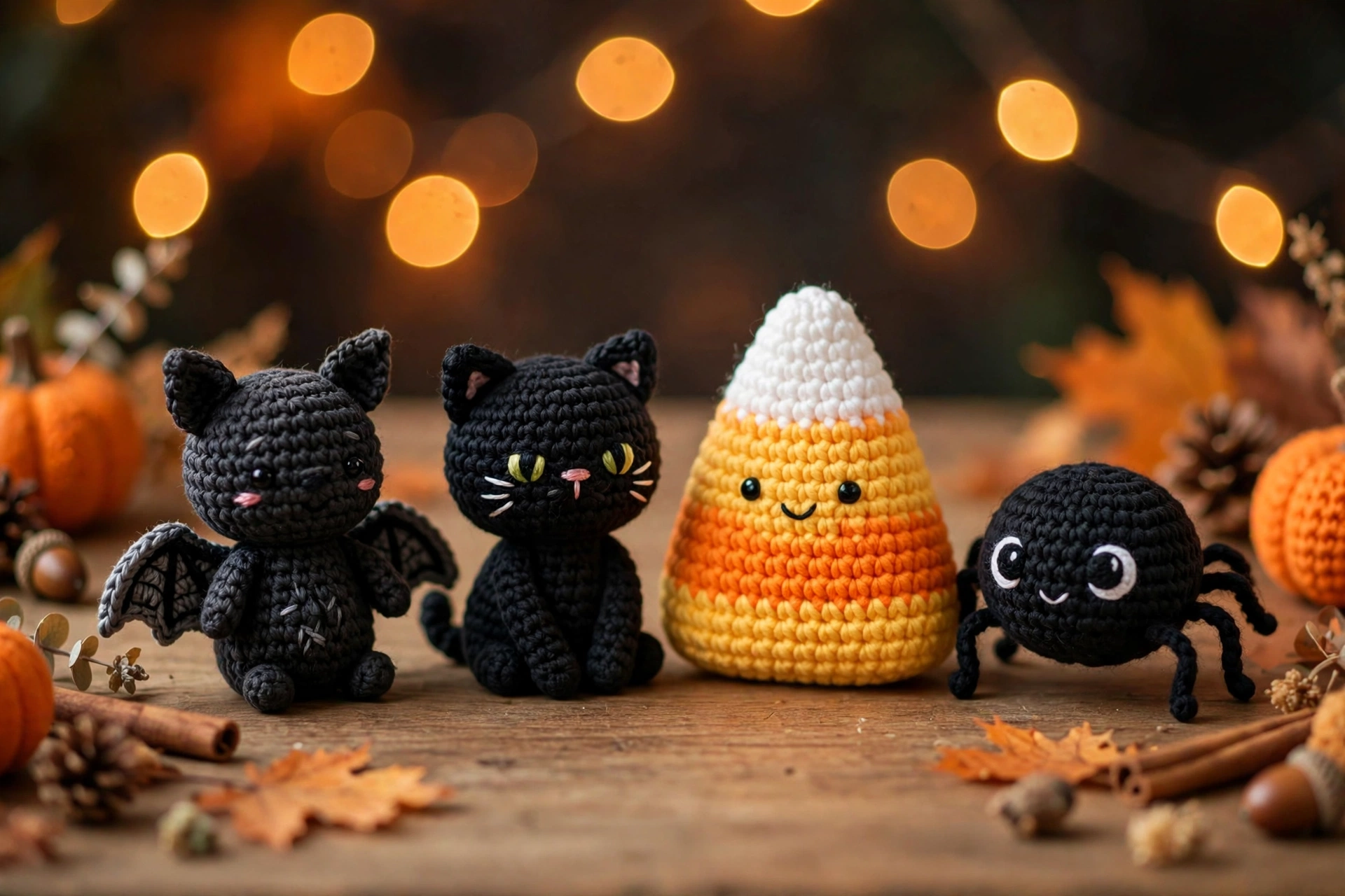Crochet bat, black cat, candy corn and spider amigurumi minis arranged as Halloween party decorations