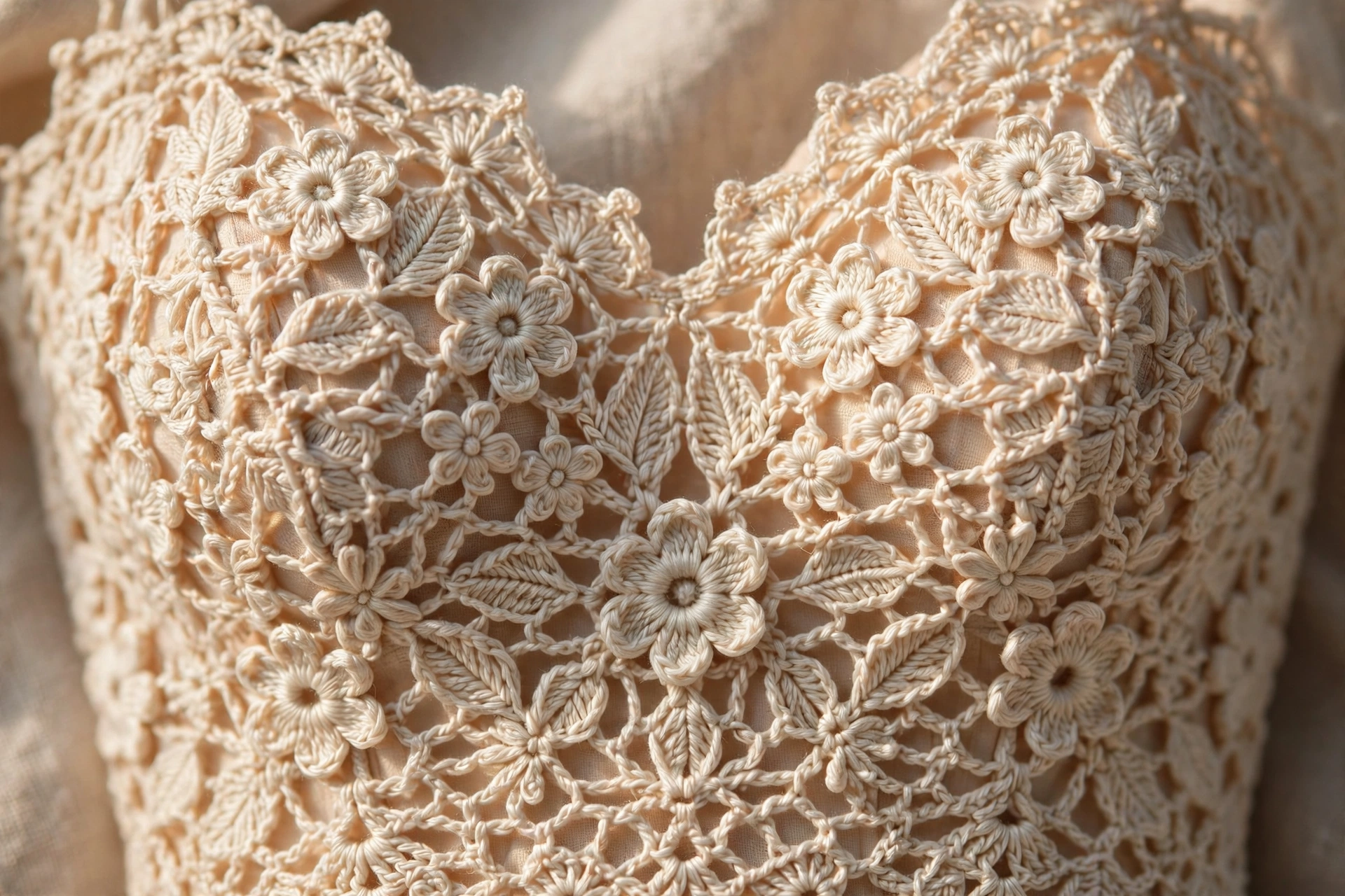 Close-up of crochet prom dress bodice showing intricate lace stitching