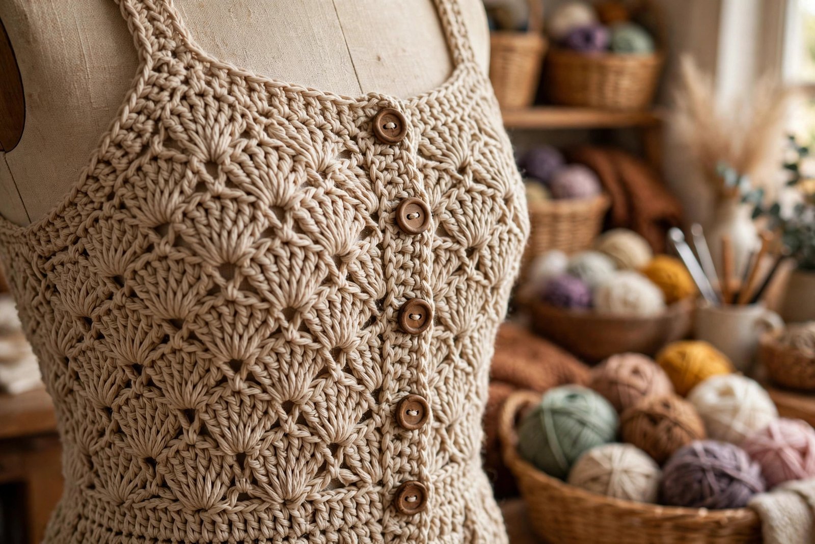 Close-up of crochet jumpsuit bodice showing textured stitchwork in pastel yarn