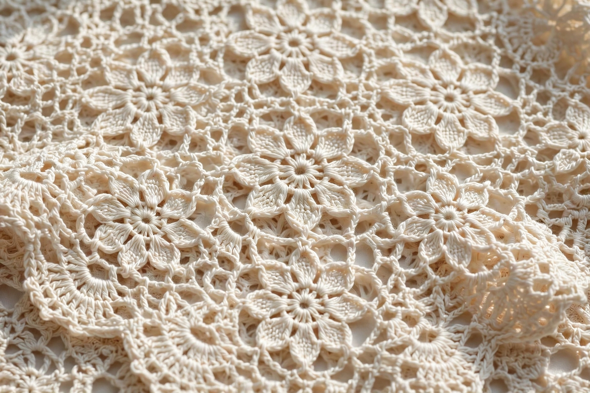 Close-up of cream crochet lace fabric with intricate floral stitch patterns and openwork details