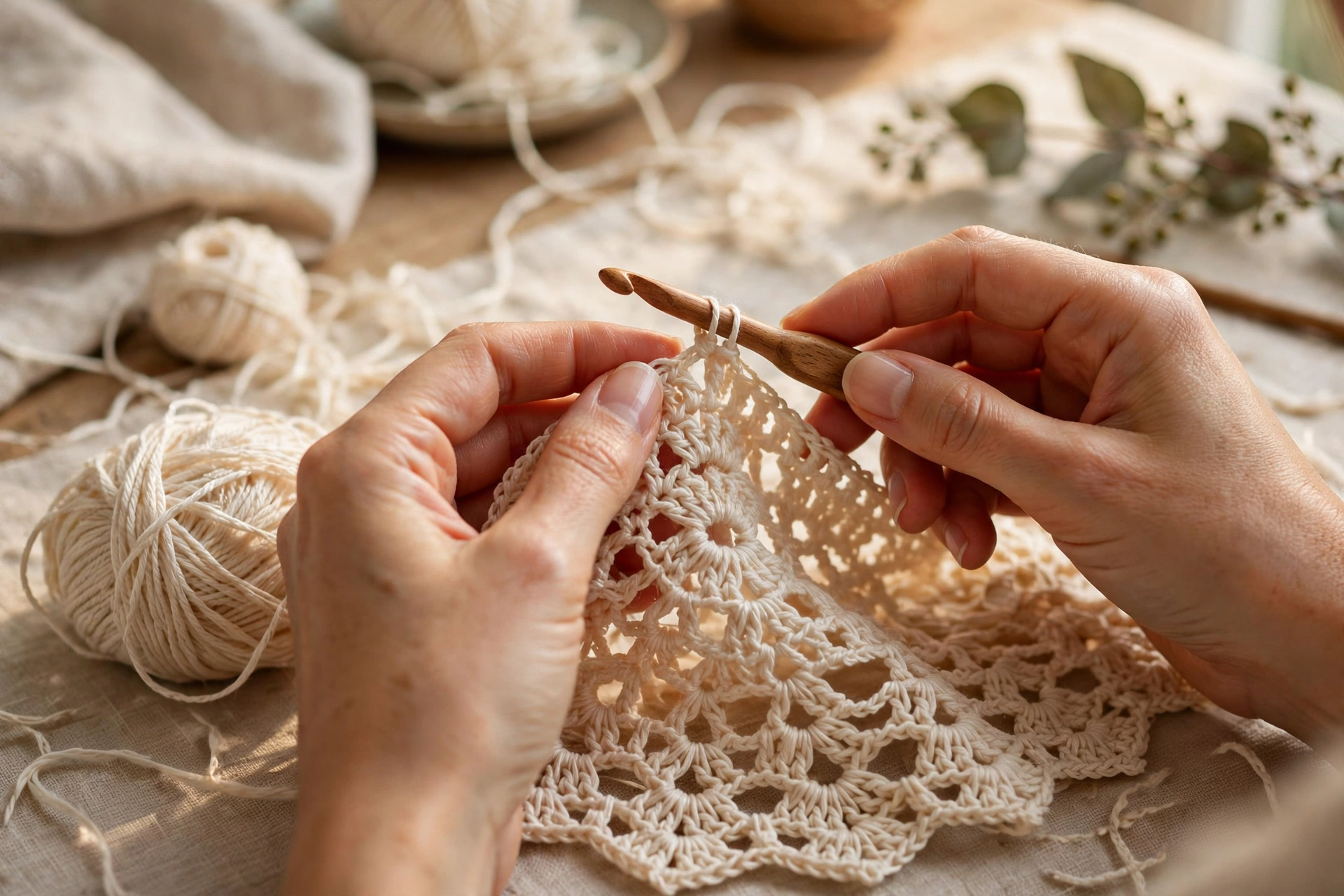 Hands crocheting a delicate lace top with cream cotton yarn