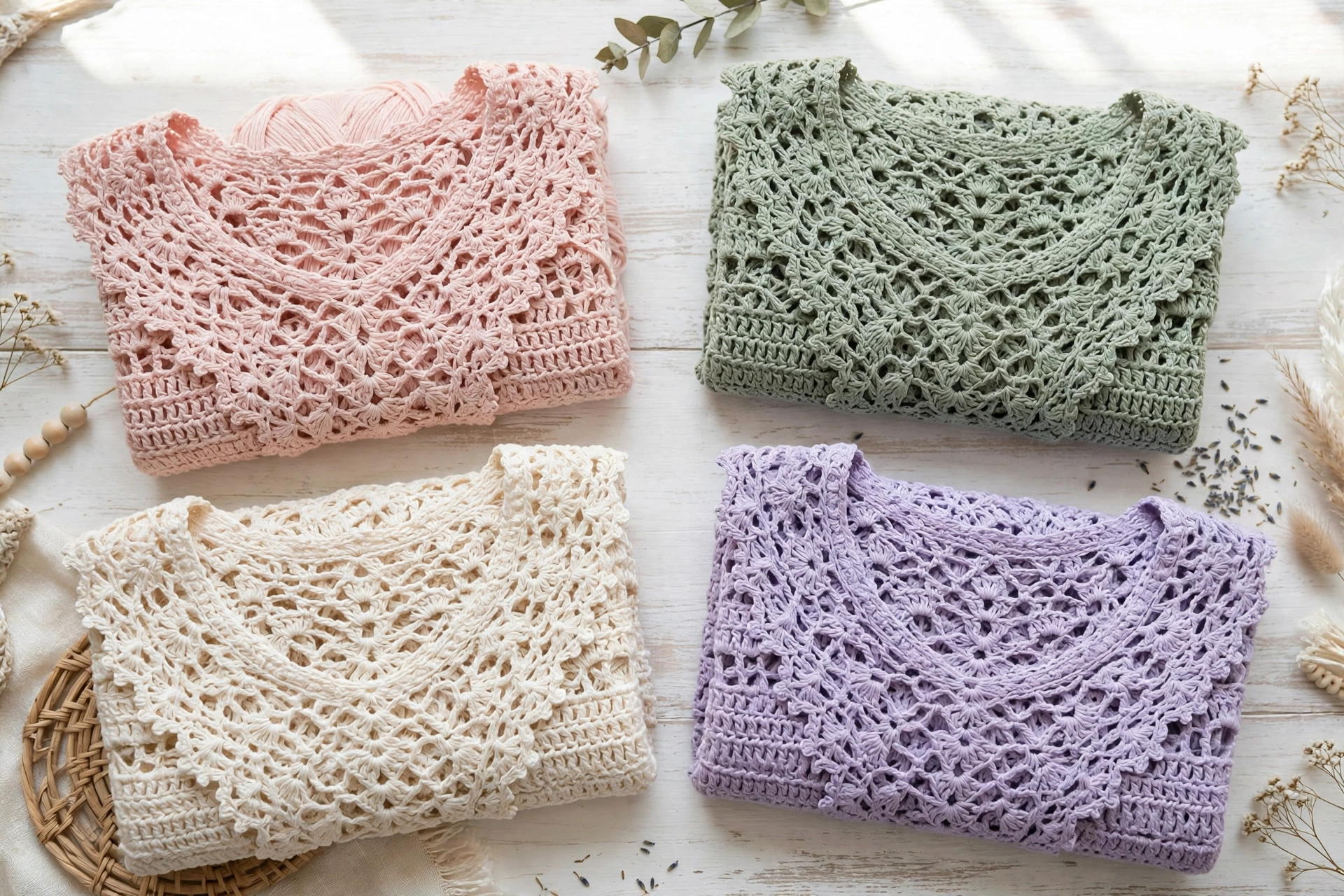 Folded handmade crochet lace tops in pastel colors