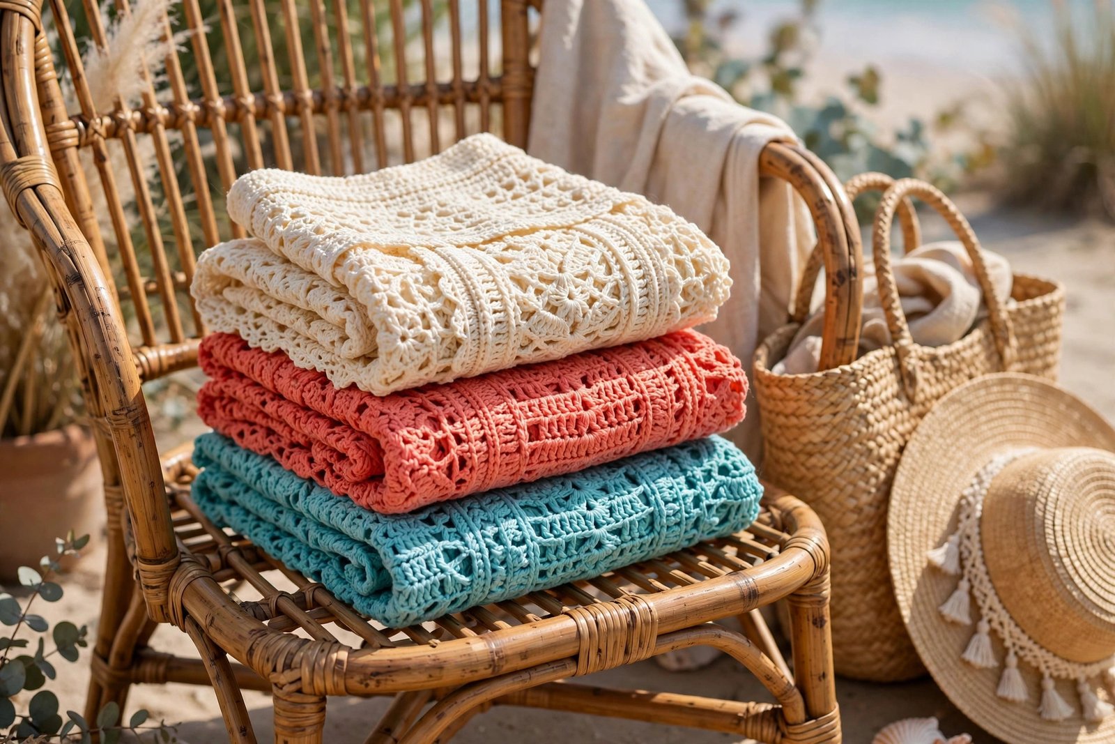 Colorful granny square crochet mini skirt laid flat in bright summer daylight