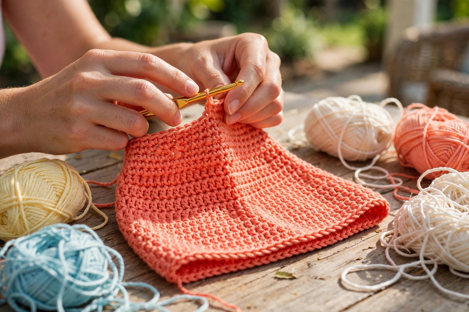 Boho shell stitch crochet mini skirt worn on a sandy beach at sunset