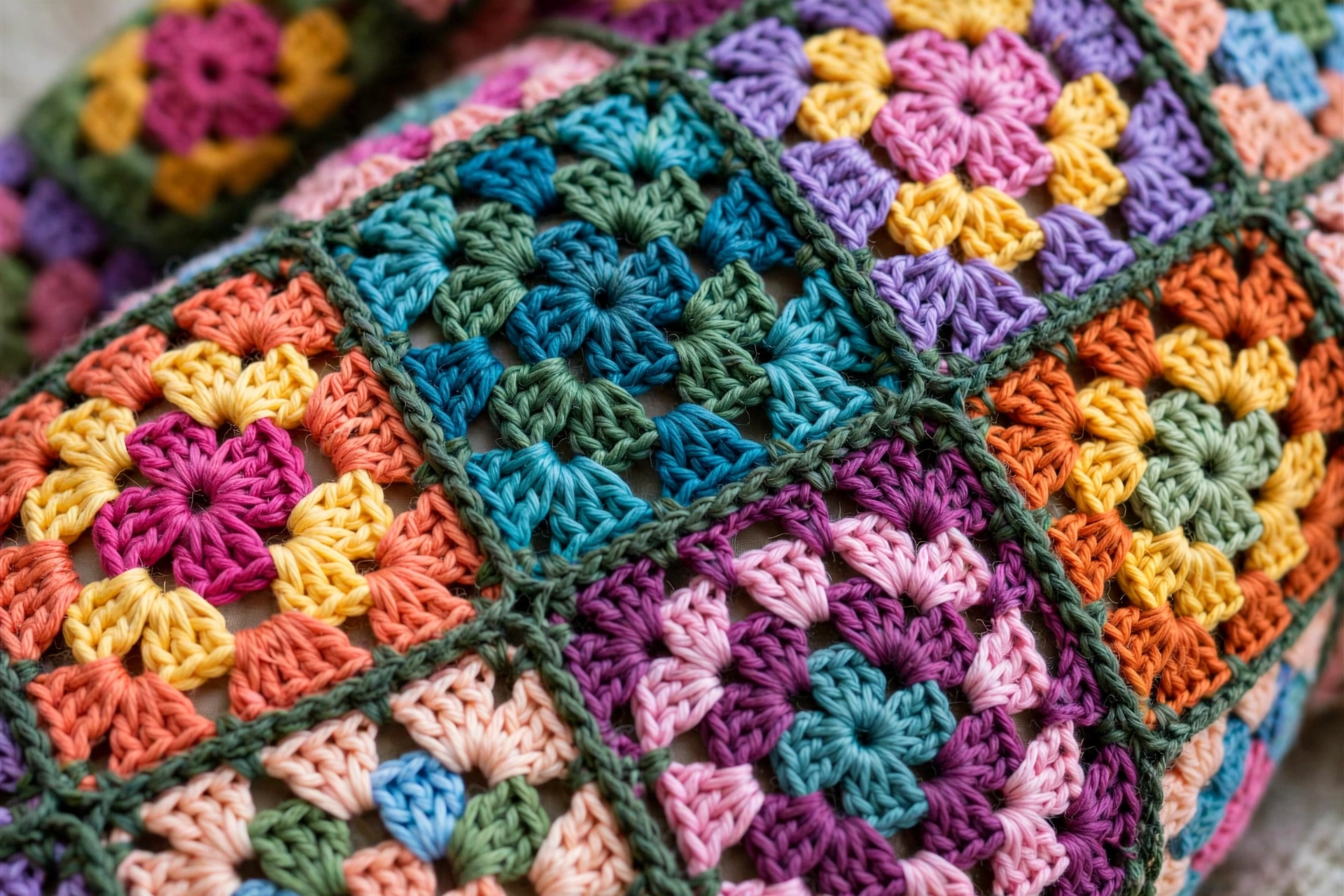 Close-up of colorful granny square patchwork crochet pants fabric