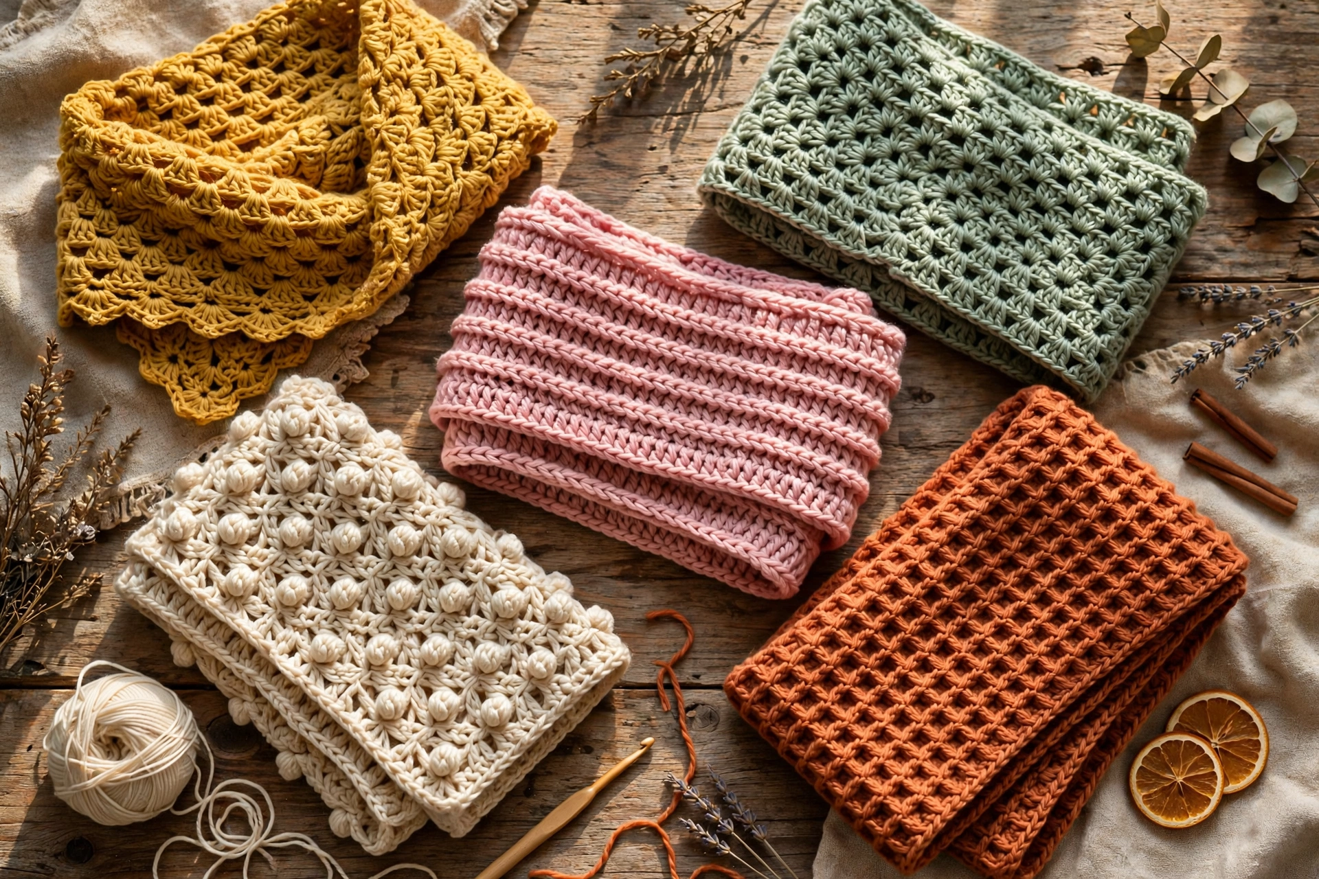 Flat lay of handmade crochet scarves in different colors and stitch patterns on a rustic wooden table