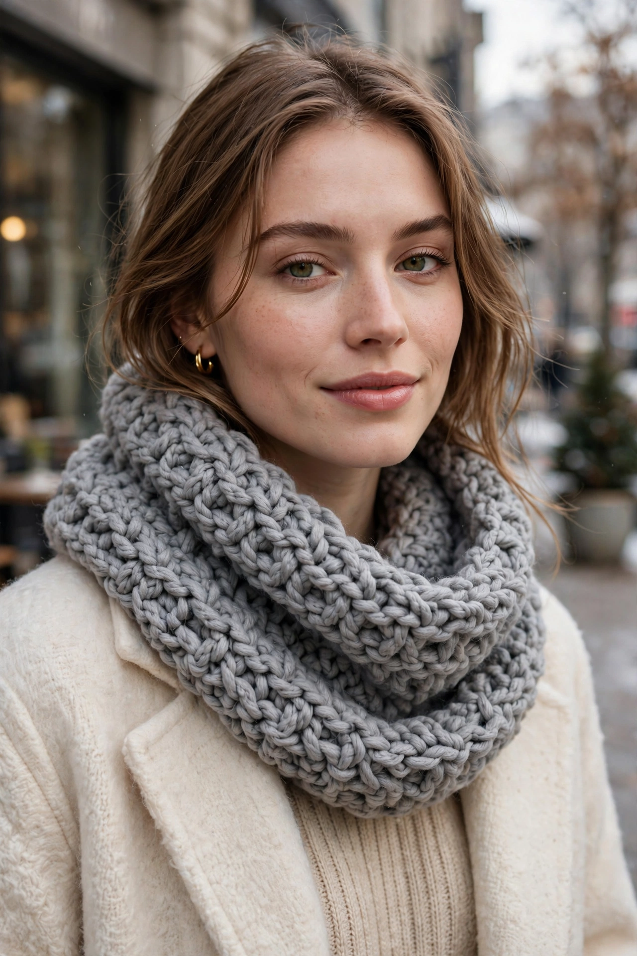 Woman wearing a soft grey infinity crochet cowl scarf with textured chunky stitches