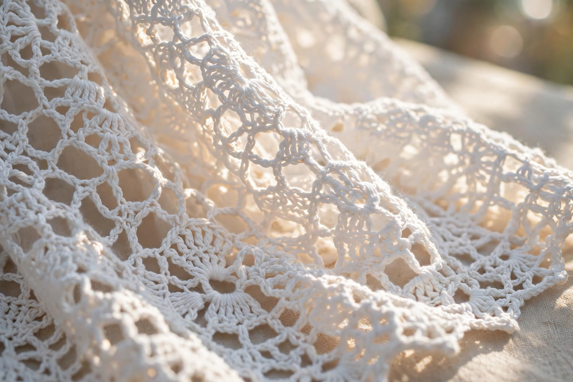 Close-up of lacy crochet summer top fabric in white cotton with open mesh stitches