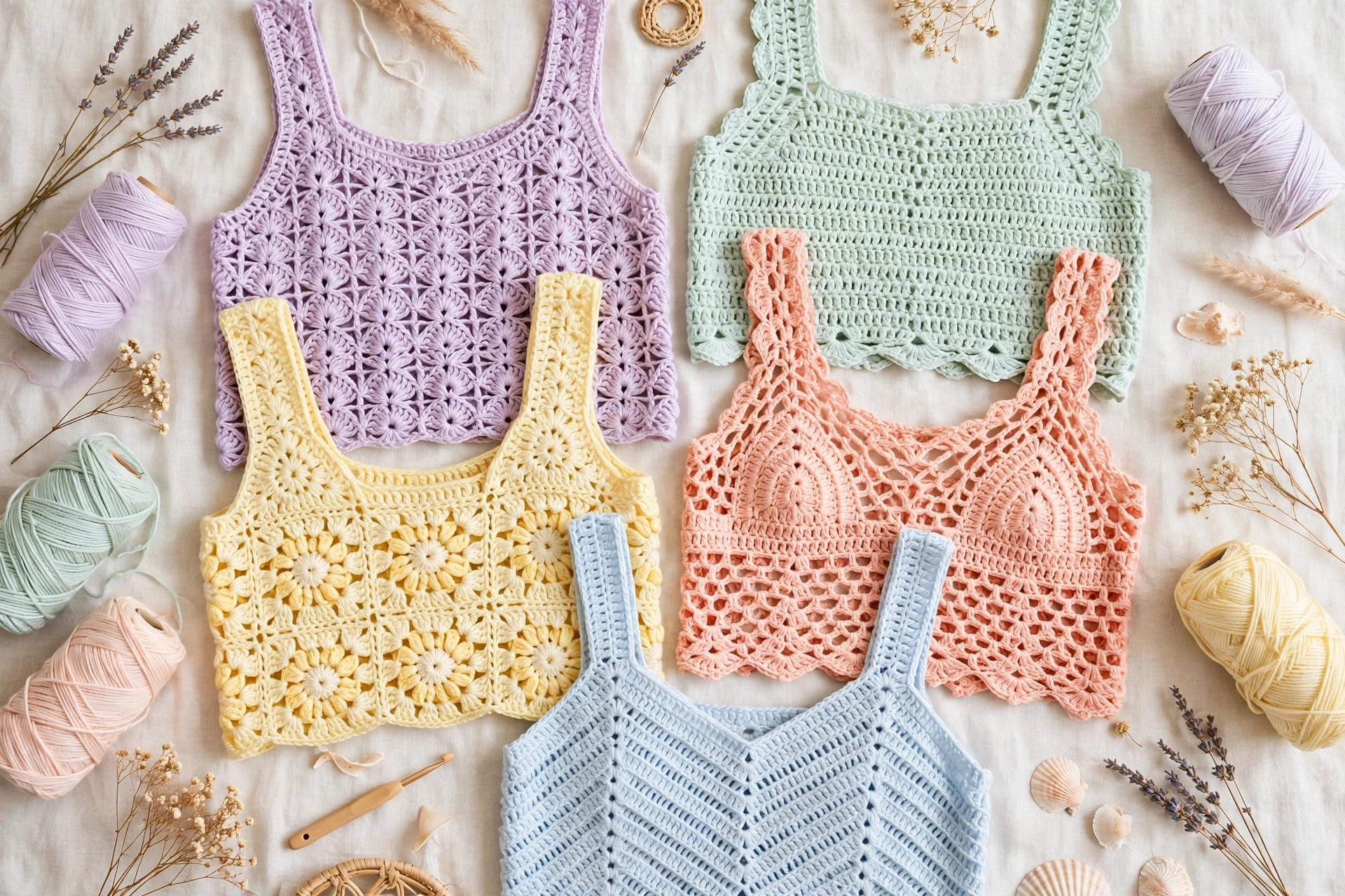 Flat lay of colorful crochet summer tops in pastel colors on a light background