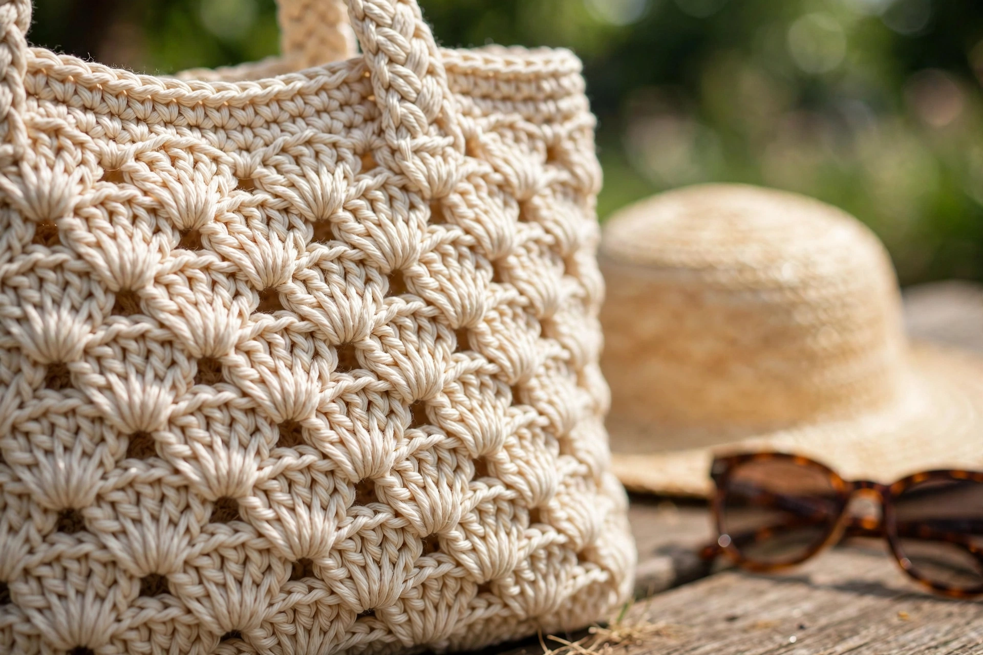 Close-up of a cream shell-stitch crochet tote bag texture with woven handles resting beside a straw sunhat