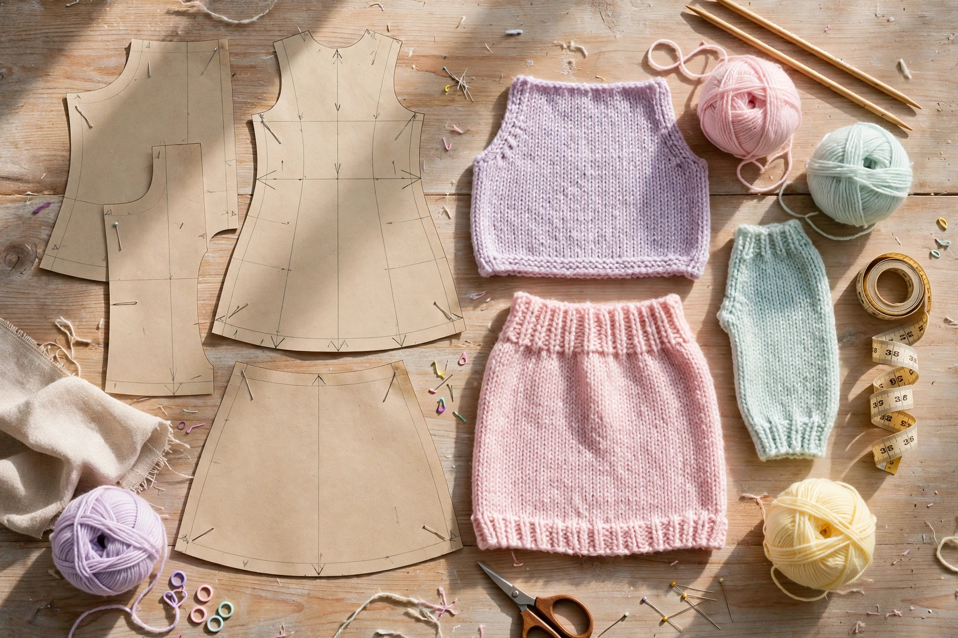 Flat-lay of knit mini dress pattern pieces with yarn balls and wooden knitting needles