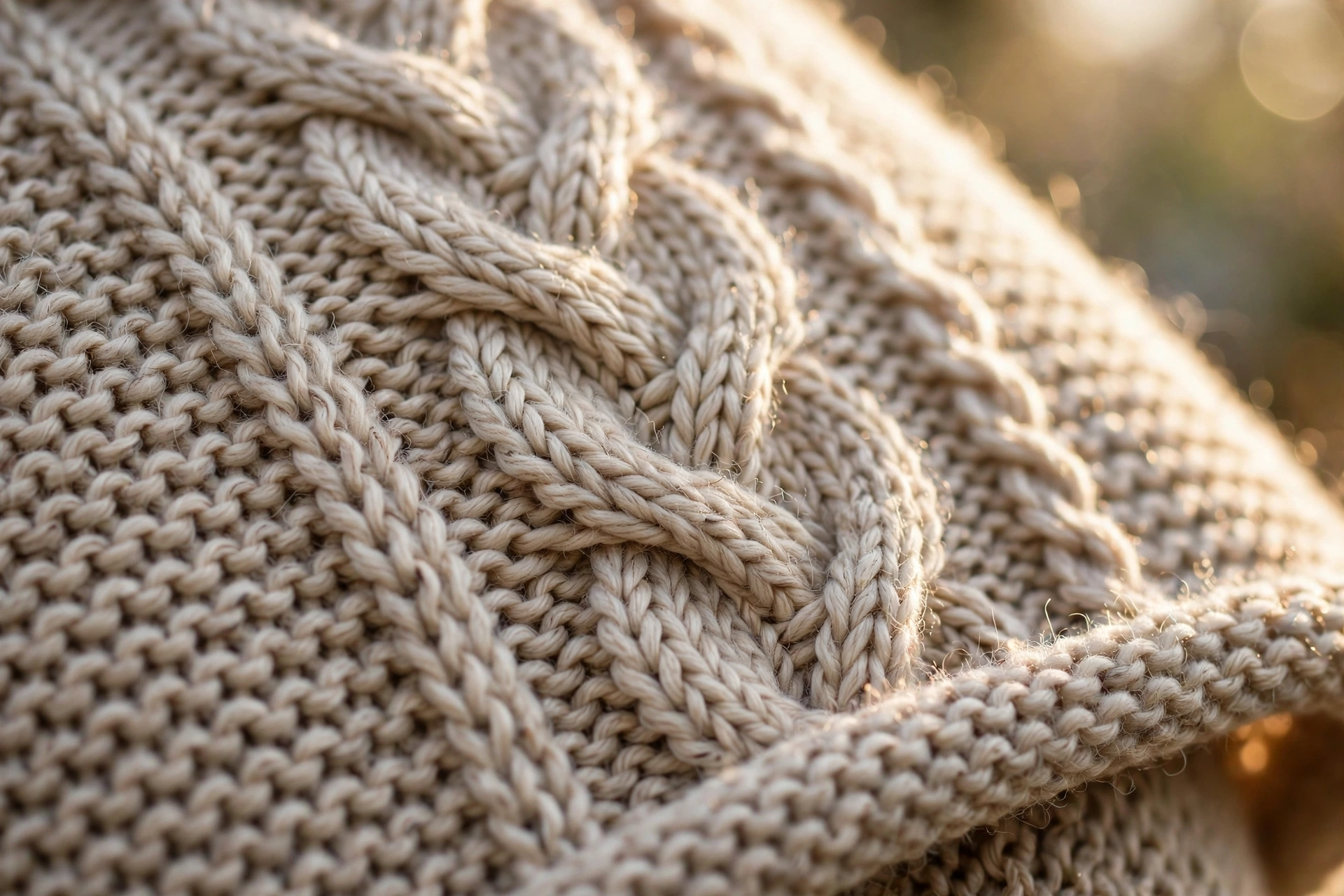 Close-up of a hand-knit poncho showing cable and garter stitch texture in soft beige yarn