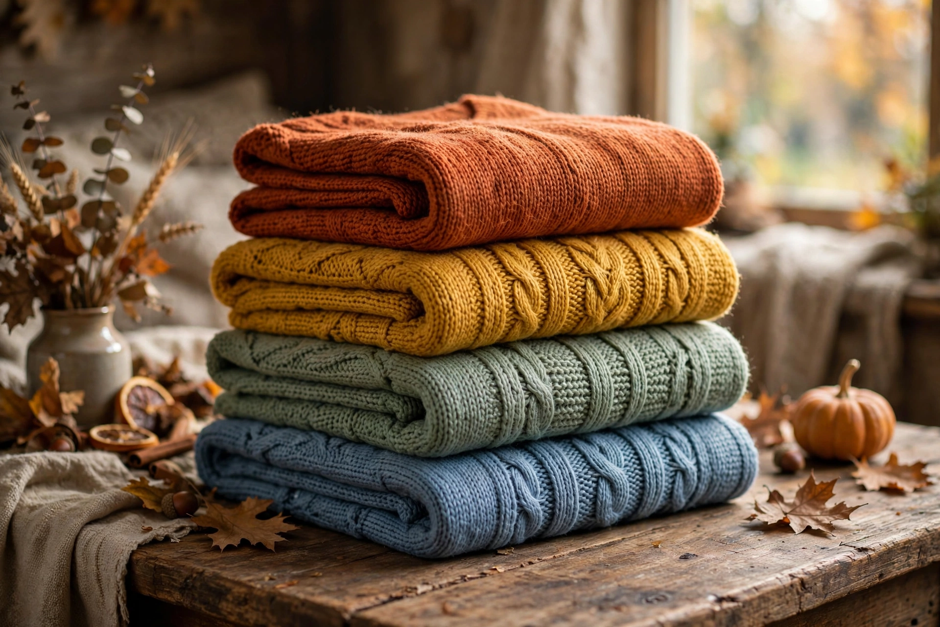 Folded hand-knit ponchos in seasonal colors stacked on a rustic wooden table